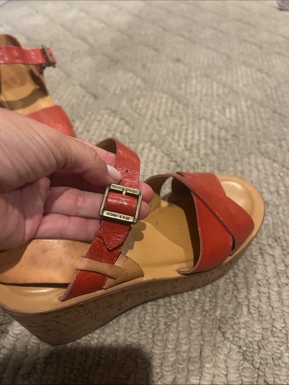 Kork-Ease Women's Red Leather Cork Wedge Sandals - Picture 6 of 13